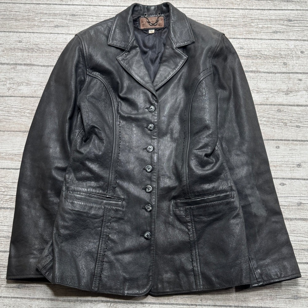 Vintage 90s Naf Naf Leather Jacket Women's 12 Black Button Soft Genuine Leather